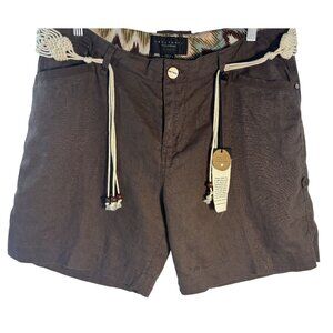 Brown Linen Blend Shorts With Crochet Belt & Drawstring Accents Size 12